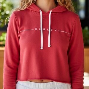 Hurley Womens Red Palm Tree Graphic Cropped Pullover Hoodie Small